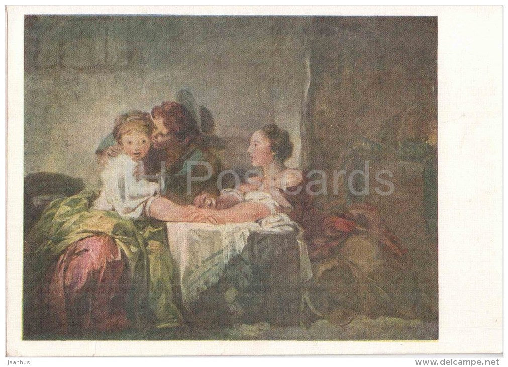 painting by Jean Honoré Fragonard - The Snatched Kiss - girls and boy - french art  - unused - JH Postcards