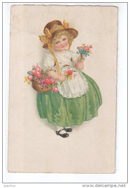 illustration - girl wit flower basket - EAS - old postcard - circulated in Estonia 1928 - used - JH Postcards