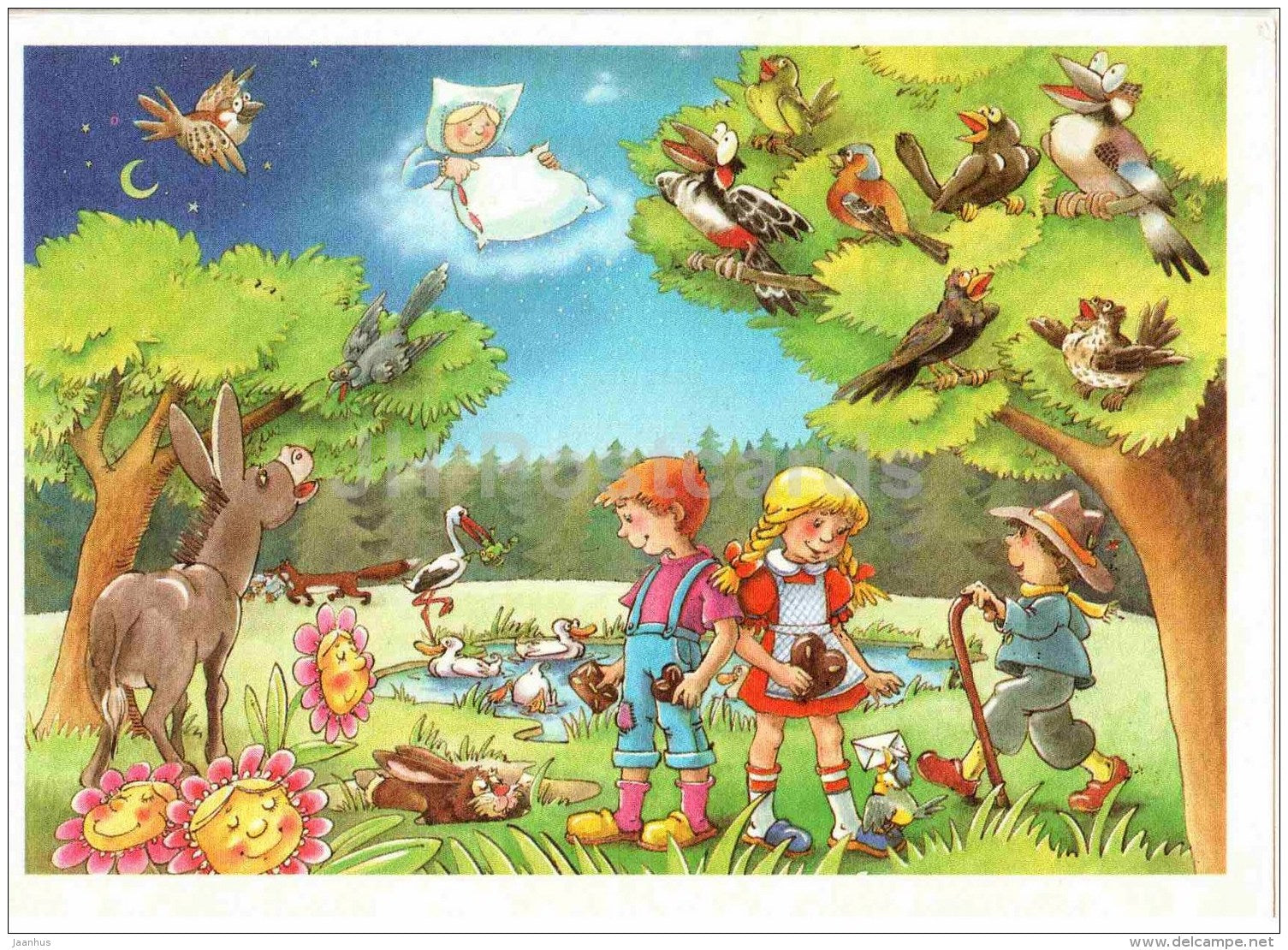 illustration by Artur - hare - crane - children - bird - donkey - Germany - unused - JH Postcards