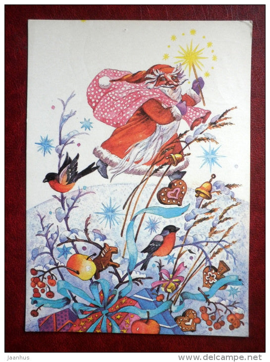 New Year Greeting card - by V. Stanishevskaya - Santa Claus - gifts - bullfinches - birds - 1986 - Estonia USSR - used - JH Postcards