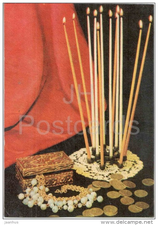 New Year Greeting card - 1 - candles - jewel box - coins - 1969 - Estonia USSR - unused - JH Postcards