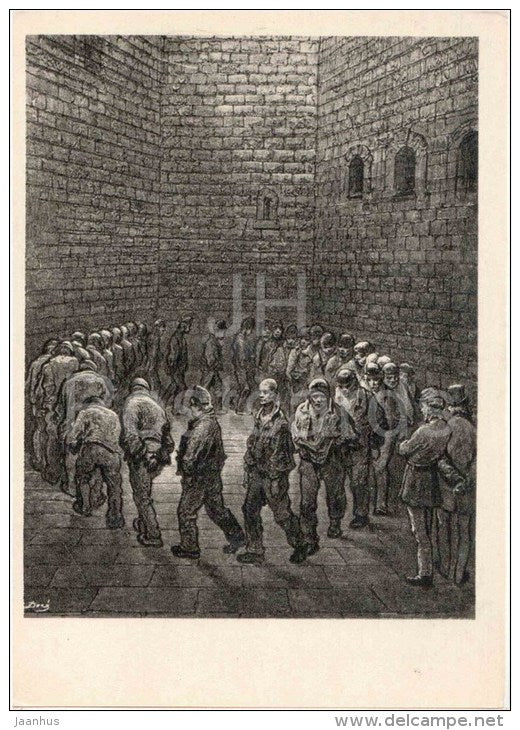 illustration by Gustave Dore - Victorian London prison, Newgate , 1872 - London by Jerrold - prisoners - 1959 - unused - JH Postcards