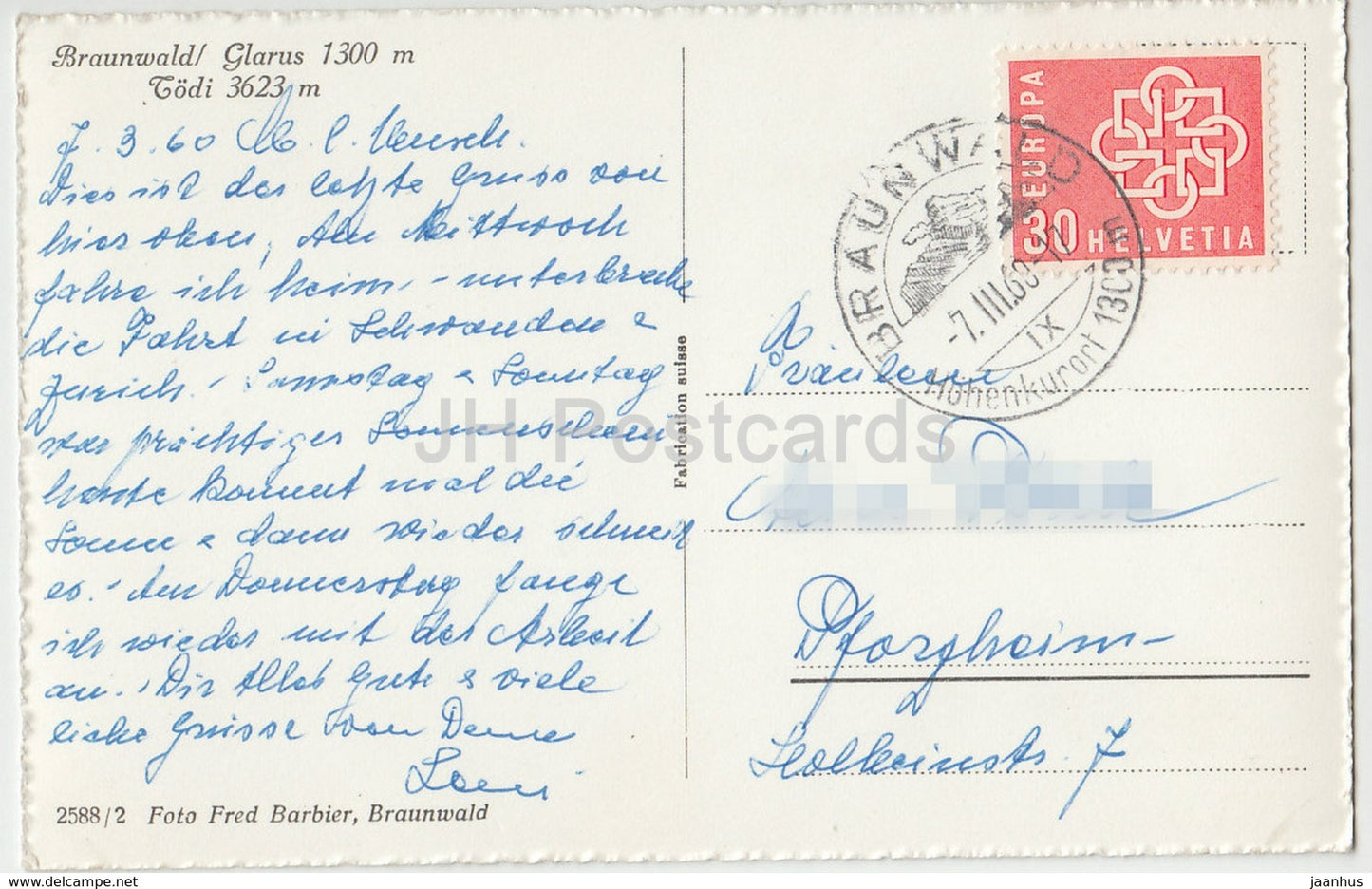 Braunwald - Glarus - Todi 3623 m - Switzerland - 1960 - used