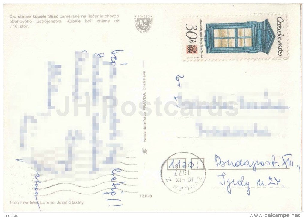 Sliac - town architecture - Czechoslovakia - Slovakia - used 1977 - JH Postcards