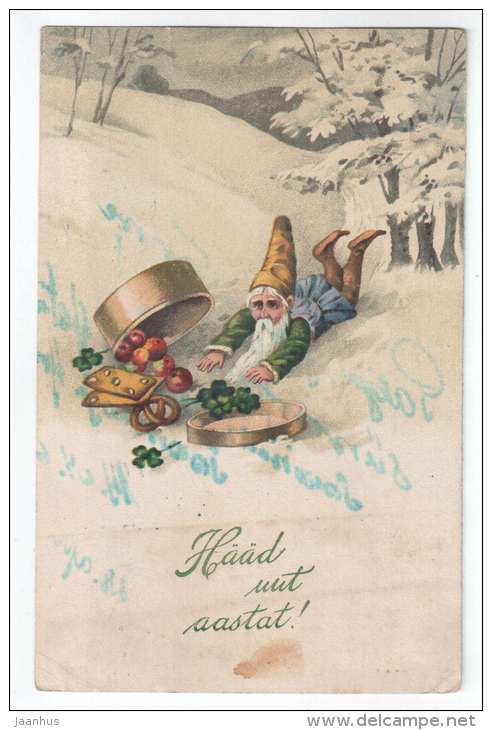 New Year Greeting Card - dwarf - HWB SER 2124 - old postcard - circulated in Estonia 1927 Tallinn Rakvere - used - JH Postcards