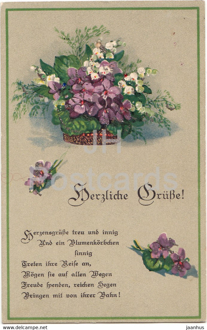 Greeting Card - Herzliche Grusse - blue flowers in basket - S D D Serie 3178 - old postcard - 1918 - Germany - used - JH Postcards