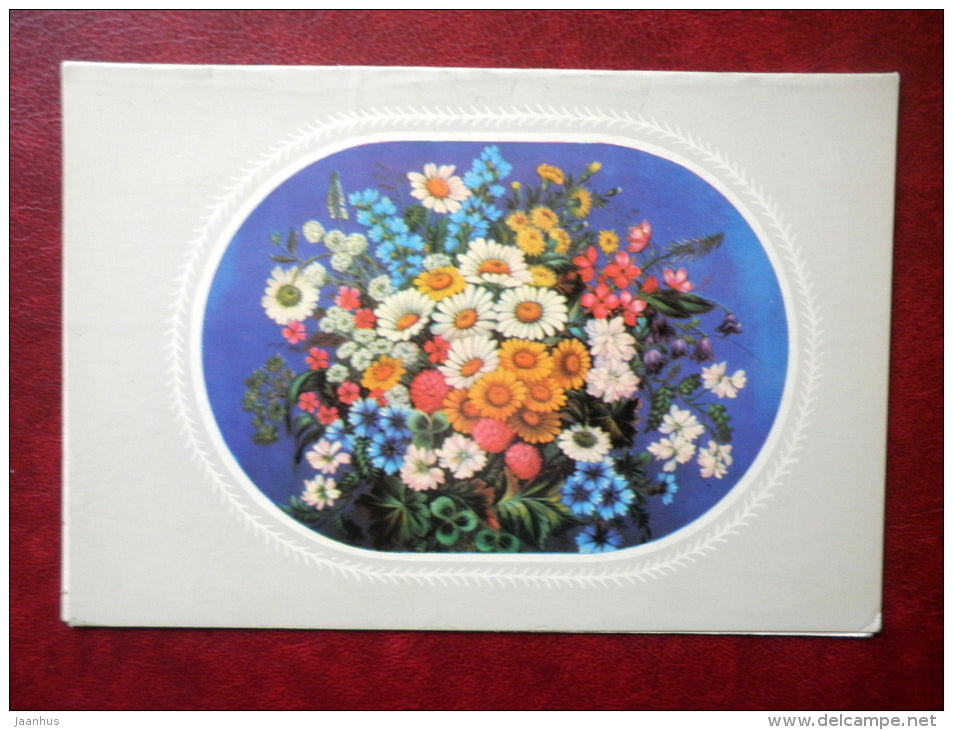 Greeting Card - Tray with decorative painting , Vilage of Zhostovo - flowers - 1974 - Russia USSR - used - JH Postcards