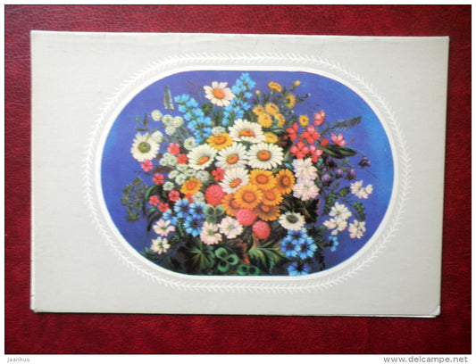 Greeting Card - Tray with decorative painting , Vilage of Zhostovo - flowers - 1974 - Russia USSR - used - JH Postcards