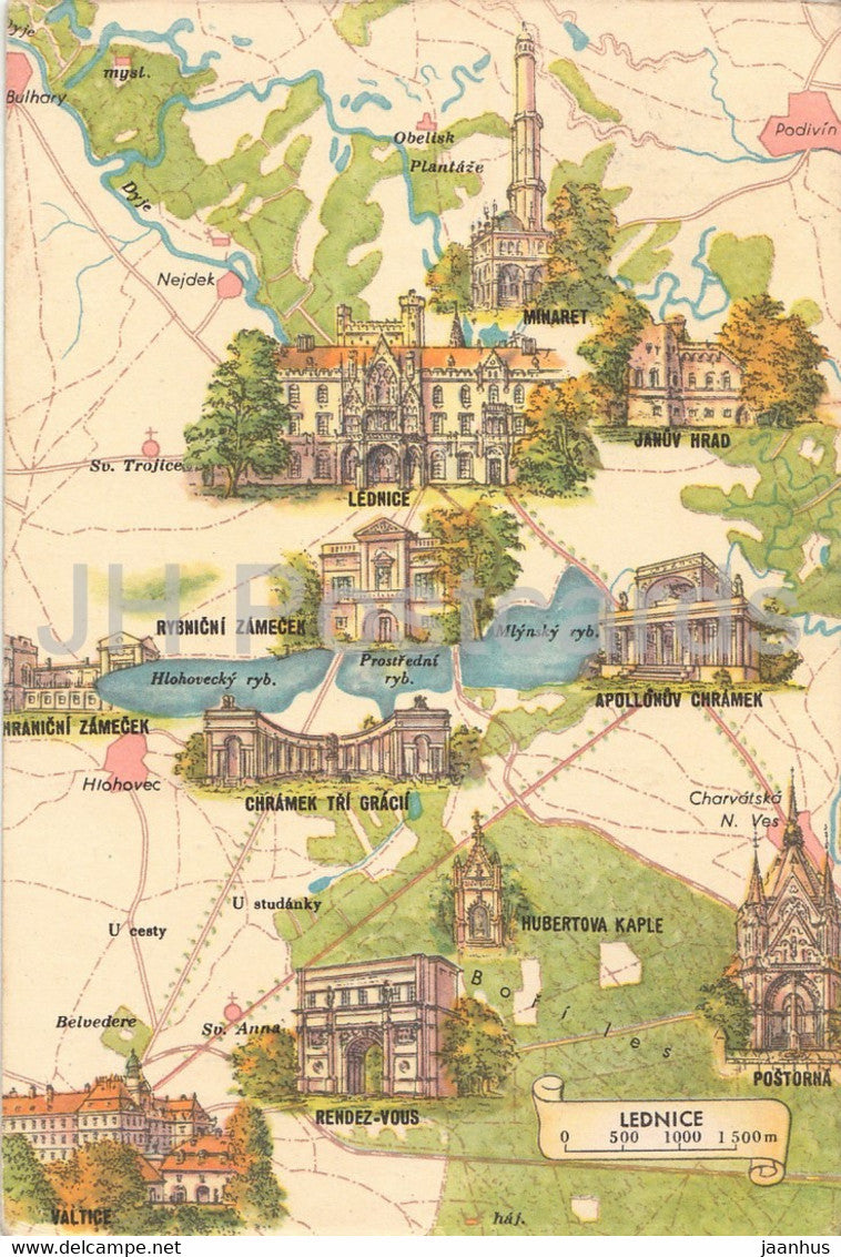 Lednice - Putovani po Seskoslovensku - Wandering around Czechoslovakia - map - Czechoslovakia - Czech Republic - used - JH Postcards