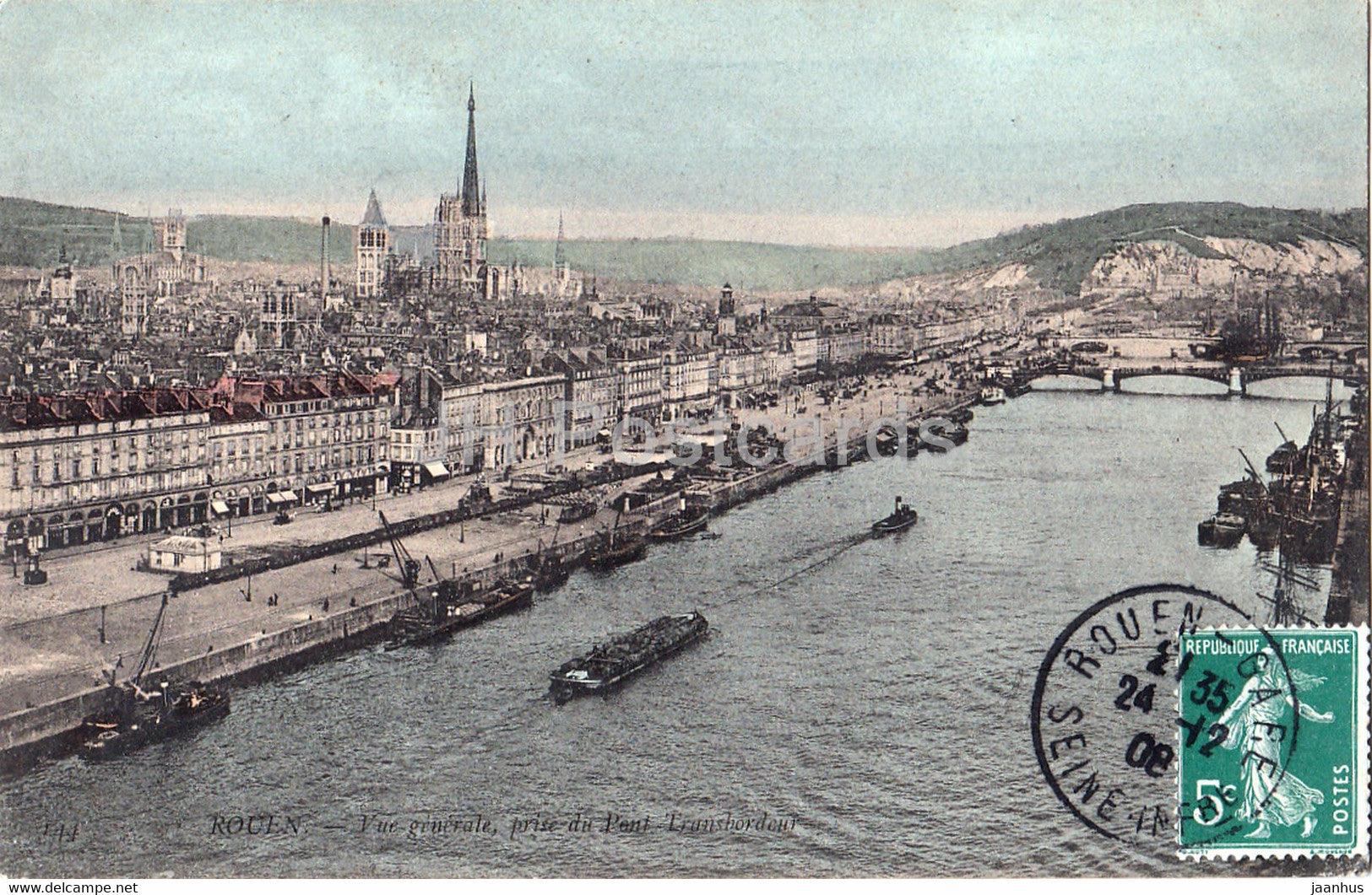 Rouen - Vue generale prise du Pont Transbordeur - ship - old postcard - 1908 - France - used - JH Postcards