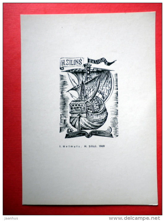 Ex Libris - H. Silnis - illustration by L. Helmuts - sailing ship - 1975 - Latvia USSR - unused - JH Postcards