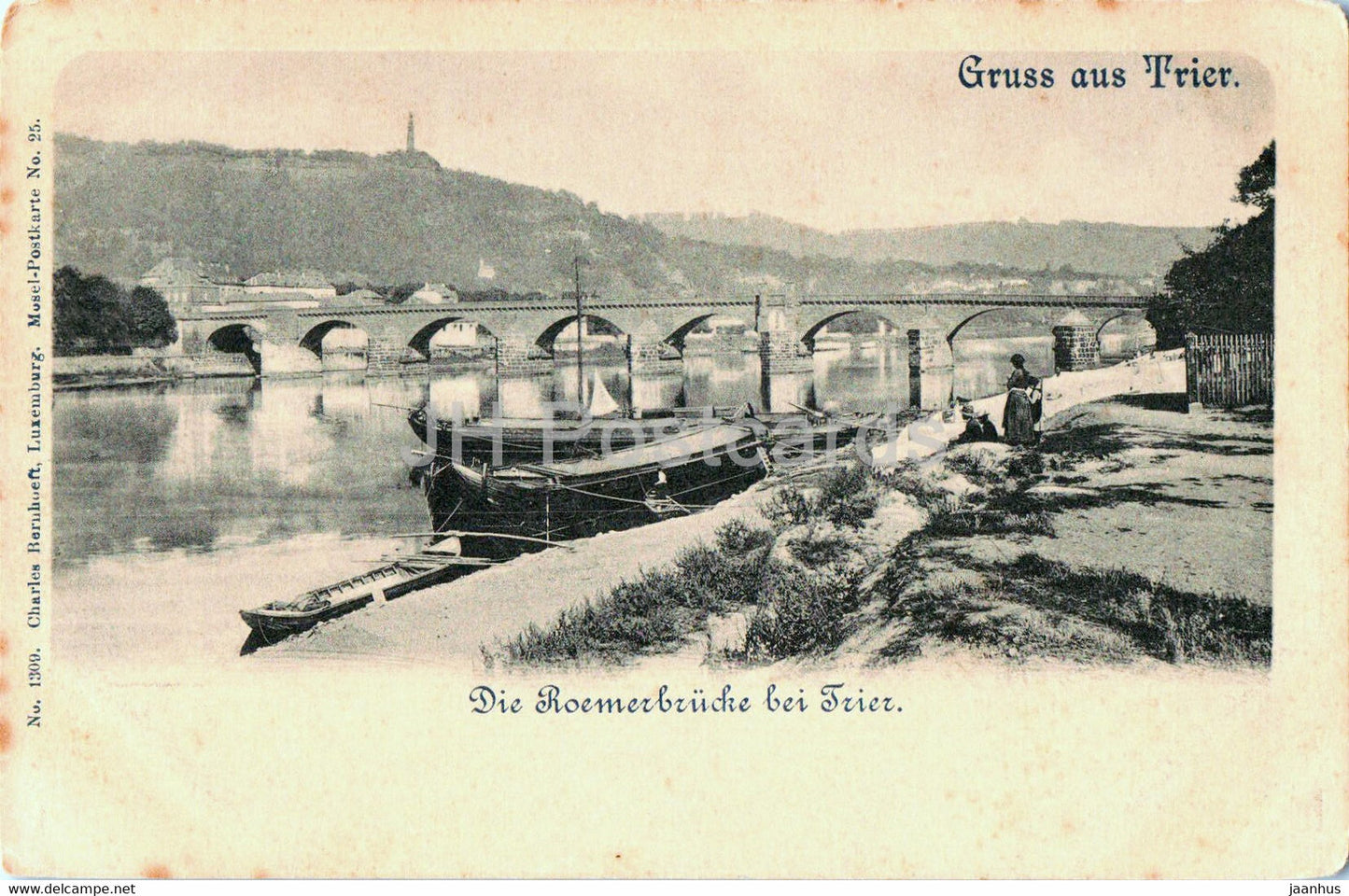 Gruss aus Trier - Die Roemerbrucke bei Trier - bridge - boat - old postcard - Germany - unused - JH Postcards