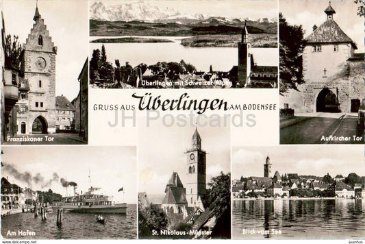 Gruss aus Uberlingen am Bodensee - Franziskaner Tor - Am Hafen - ship - old postcard - 1954 - Germany - used - JH Postcards