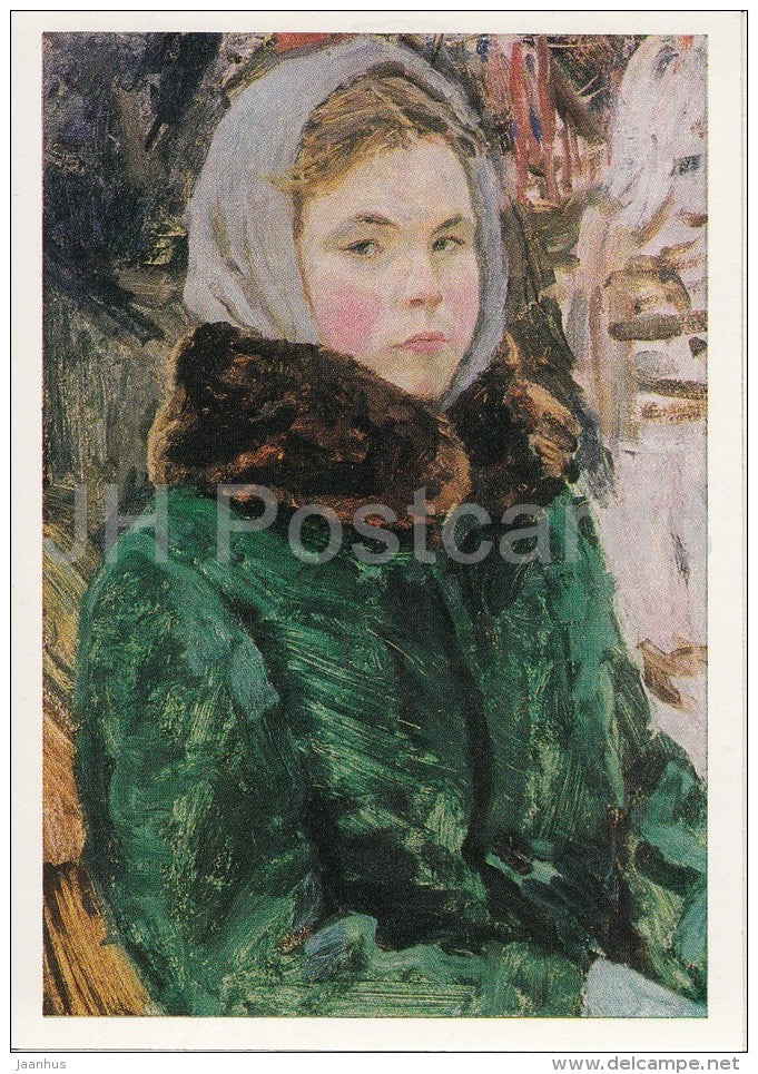 painting by A. Plastov - Lida Repina in Green Coat , 1961 - children - girl - Russian art - 1988 - Russia USSR - unused - JH Postcards