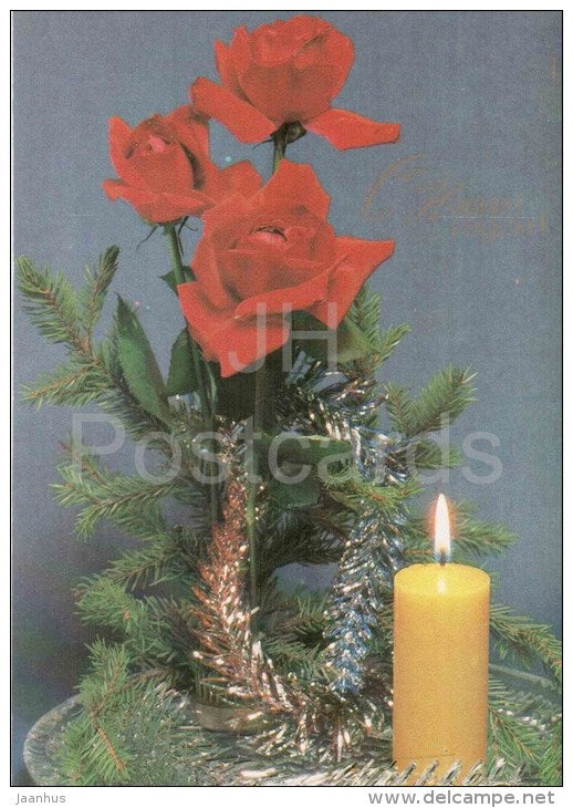 New Year greeting card - red roses - yellow candle - decorations - 1985 - Russia USSR - unused - JH Postcards