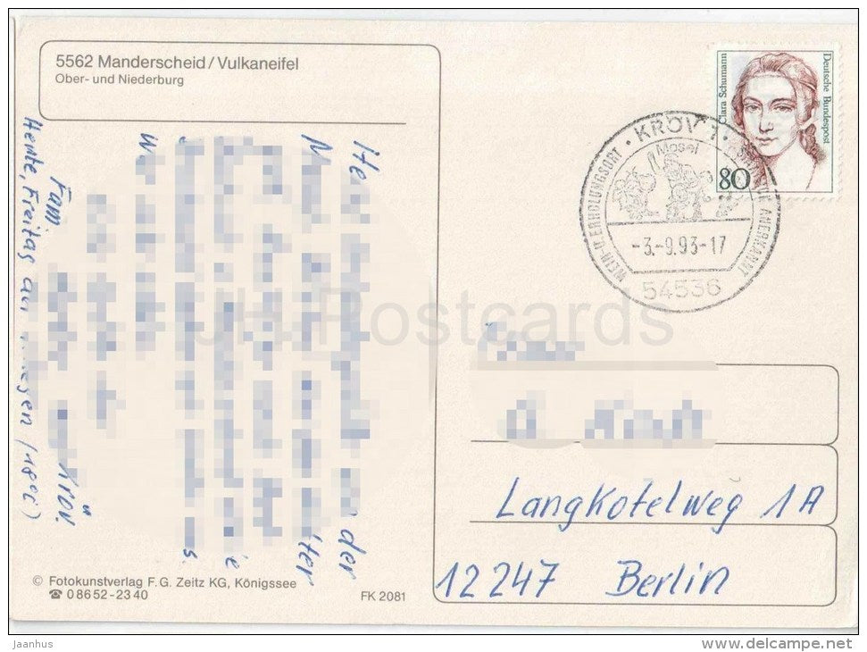 Manderscheid , Vulkaneifel - Ober- und Niederburg - castle - Germany - 1993 gelaufen - JH Postcards