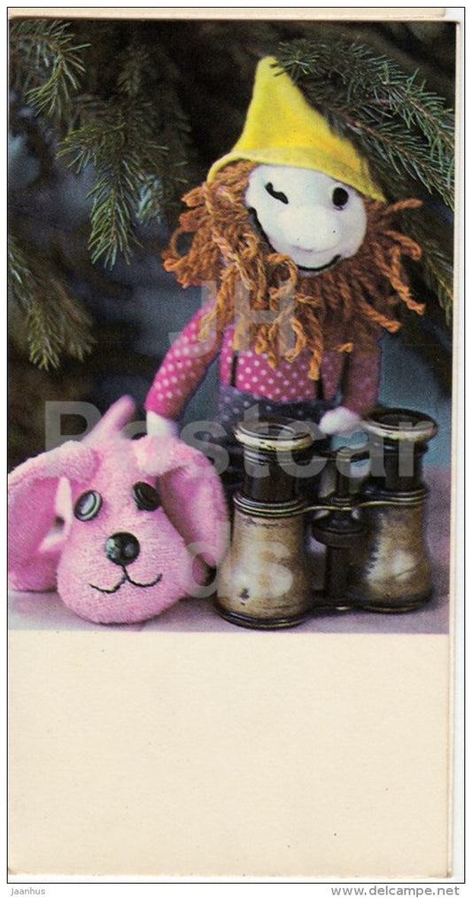 New Year Greeting card - 3 - dwarf - dog - binoculars - 1983 - Estonia USSR - used - JH Postcards