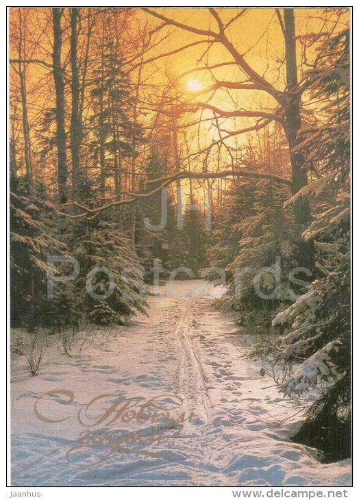 New Year greeting card - winter road - forest - 1985 - Russia USSR - unused - JH Postcards