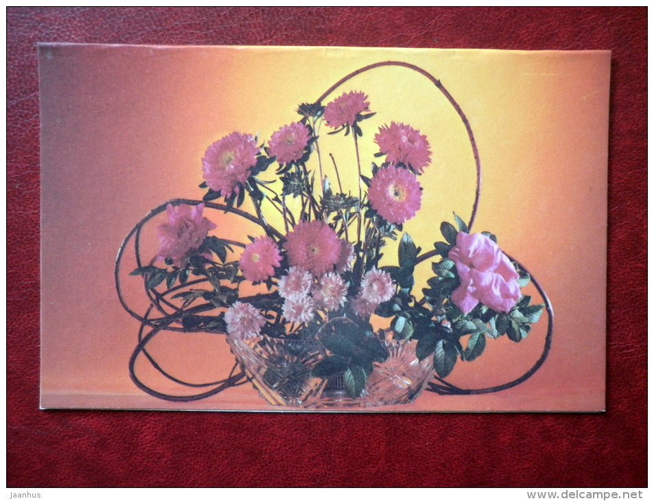 Birthday Greeting Card - flowers composition - vase - flowers - 1984 - Russia USSR - unused - JH Postcards