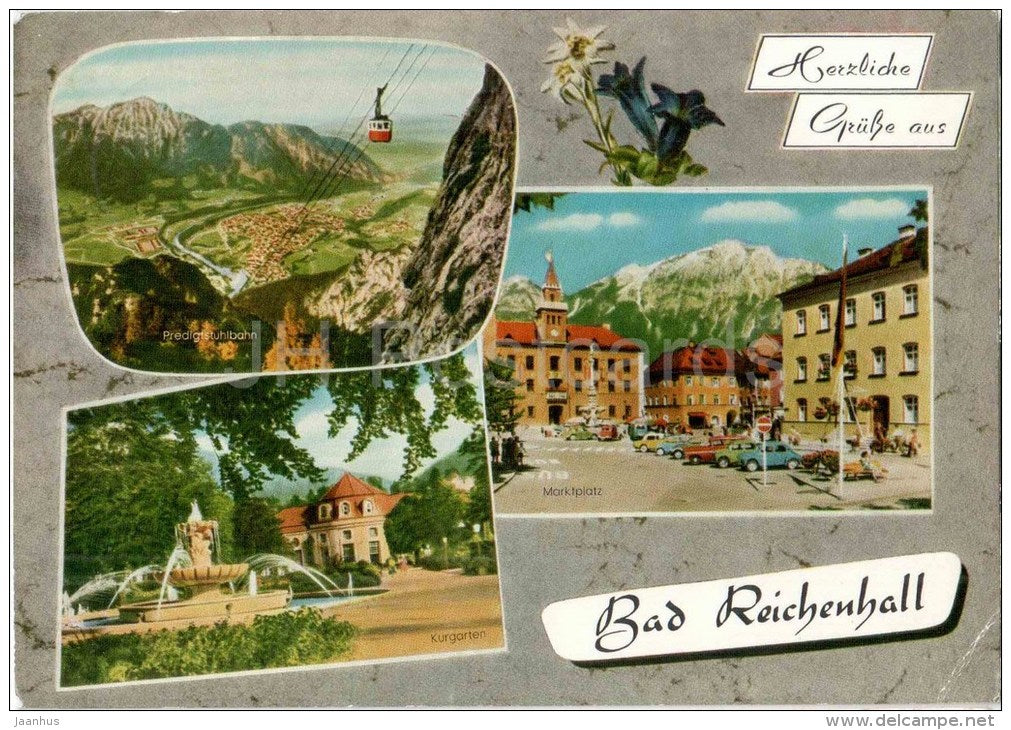 Herzliche Grüsse aus Bad Reichenhall - Predigtstuhlbahn - Kurgarten - Marktplatz - 823 - Germany - 1987 gelaufen - JH Postcards