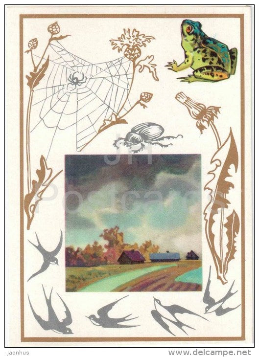 beetle - spider Araneus - swallow - dandelion - frog - Living Barometers - 1974 - Russia USSR - unused - JH Postcards