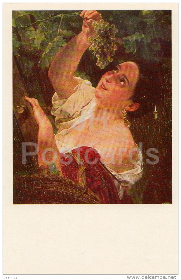 painting by K. Bryullov - Italian Midday , 1827 - grape picking - woman - Russian art - Russia USSR - 1979 - unused - JH Postcards