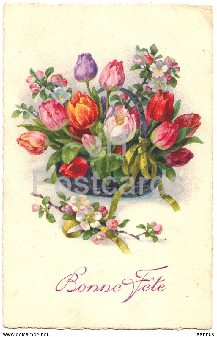 Birthday Greeting Card - Bonne Fete - flowers in a basket - 3253 - illustration - old postcard - 1930 - France - used - JH Postcards