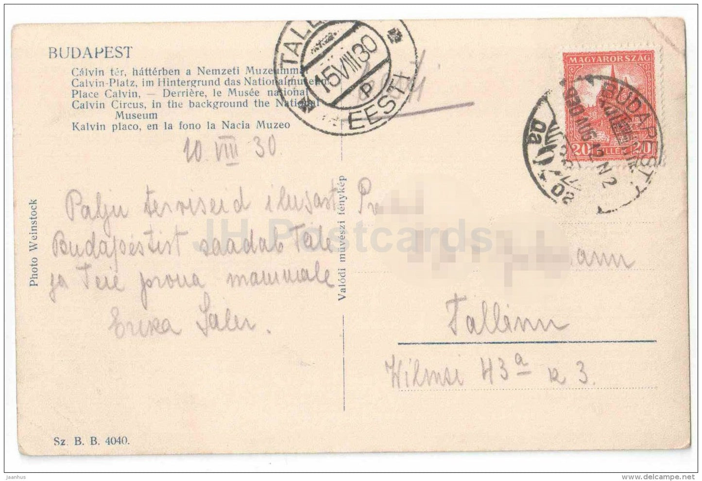 Calvin Circus - National Museum - tram - Budapest - Hungary - sent from Hungary Budapest to Estonia Tallinn 1930 - JH Postcards