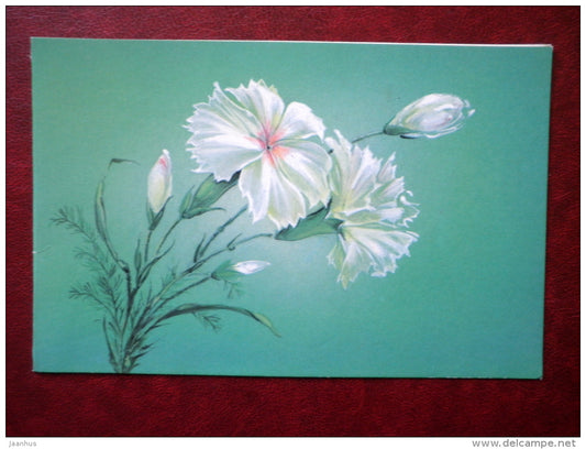 Greeting card - by N. Korobova - white flowers - flowers - 1989 - Russia USSR - used - JH Postcards