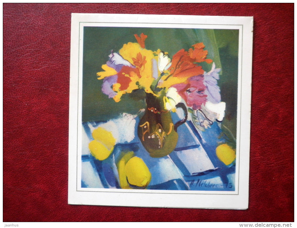 Greeting Card - by A. Meldere - vase - flowers - 1984 - Latvia USSR - unused - JH Postcards