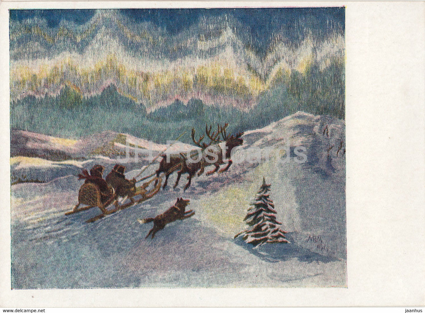 painting by M. Mestnikova - northern lights - reindeer - Yakutia Sakha Russian art - 1958 - Russia USSR - unused - JH Postcards