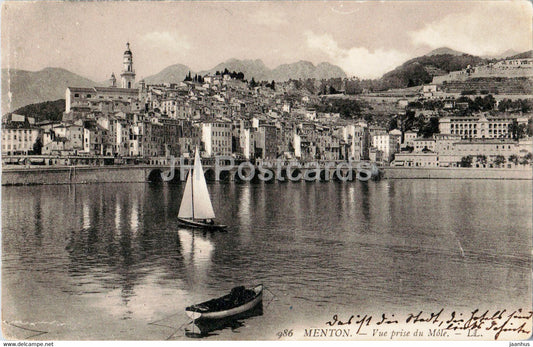 Menton - Vue prise du Mole - boat - 986 - old postcard - 1908 - France - used - JH Postcards