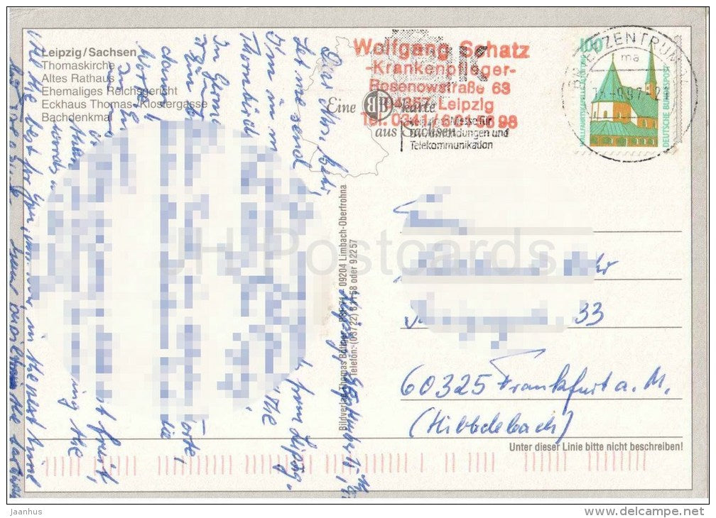 Herzliche Grüsse aus Leipzig - Thomaskirche - Altes Rathaus - Bachdenkmal - church - monument to Bach - 1997 gelaufen - JH Postcards