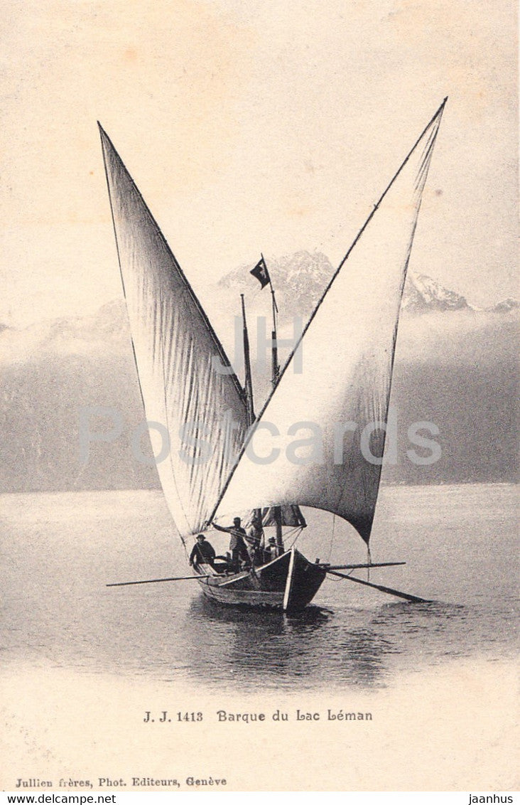 Barque du Lac Leman - sailing boat - 1413 - old postcard - 1906 - Switzerland - used - JH Postcards