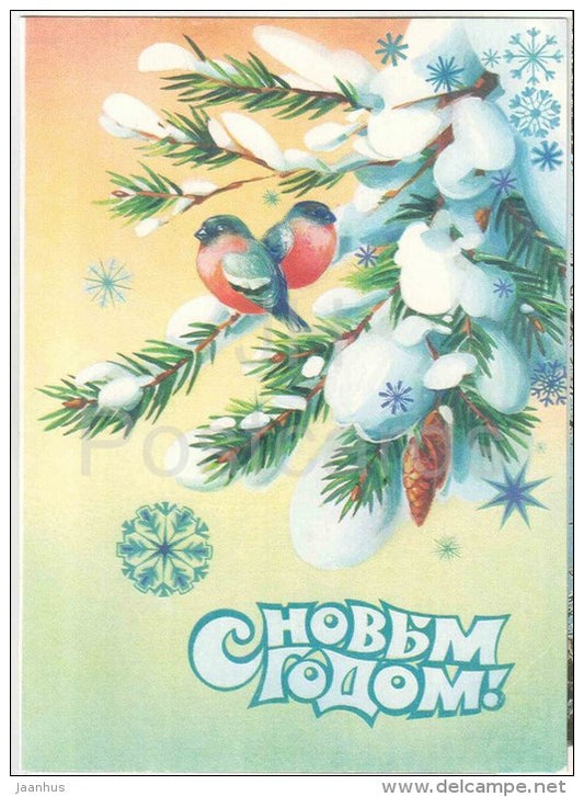 New Year Greeting Card by N. Korobova - bullfinch - birds - 1983 - Russia USSR - unused - JH Postcards