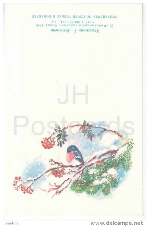 New Year mini Greeting Card by T. Zhebelyeva - bullfinch - birds - rowan berries - 1986 - Russia USSR - unused - JH Postcards