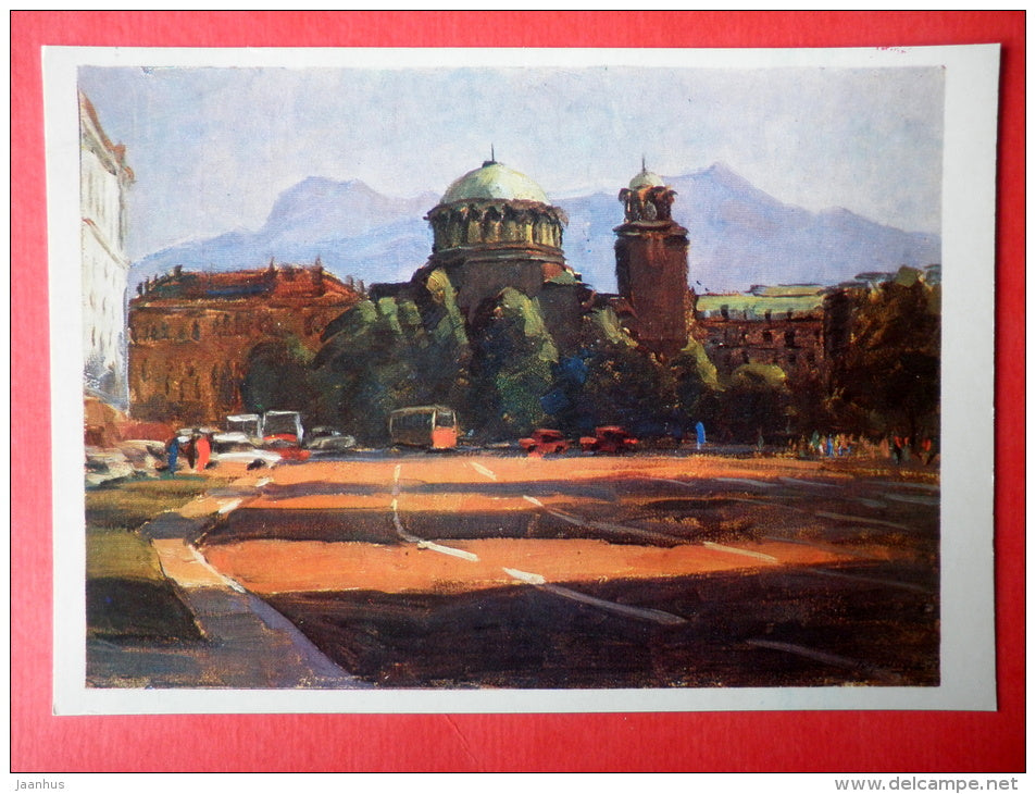 illustration by G. Manizer - Lenin Square - Sofia - Bulgaria - tram - 1985 - Russia USSR - unused - JH Postcards