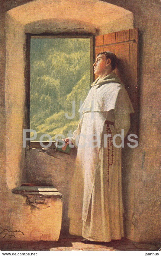 painting by Th v Cederstrom - Ein Sonnenstrahl - monk - 142 - German art - old postcard - Germany - unused - JH Postcards