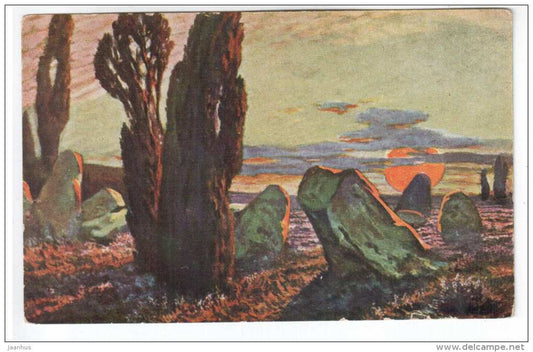 illustration - sunset , rocks - Peluba 307 - old postcard - circulated in Estonia - used - JH Postcards