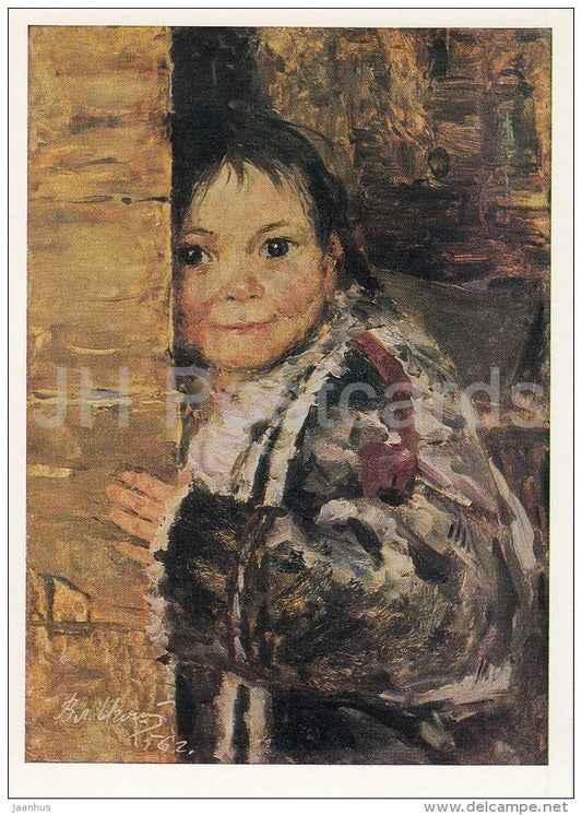 painting by V. Igoshev - Mischievous child , 1956 - girl - children - Russian art - 1988 - Russia USSR - unused - JH Postcards