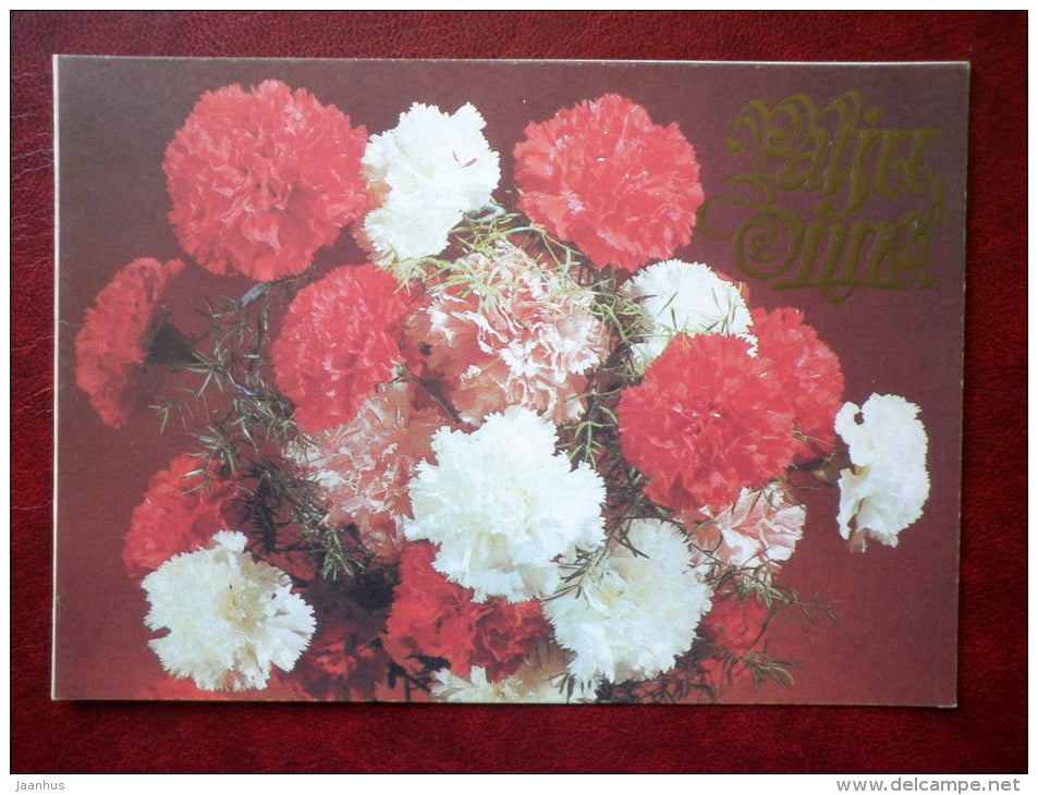 greeting card - carnations - flowers - 1983 - Estonia USSR - unused - JH Postcards