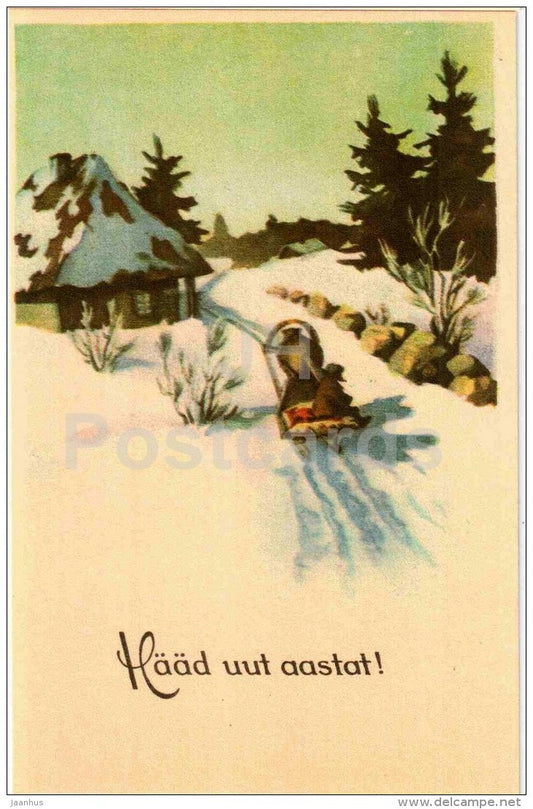 New Year Greeting Card - horse - sledge - house - REPRODUCTION ! - 1988 - Estonia USSR - unused - JH Postcards