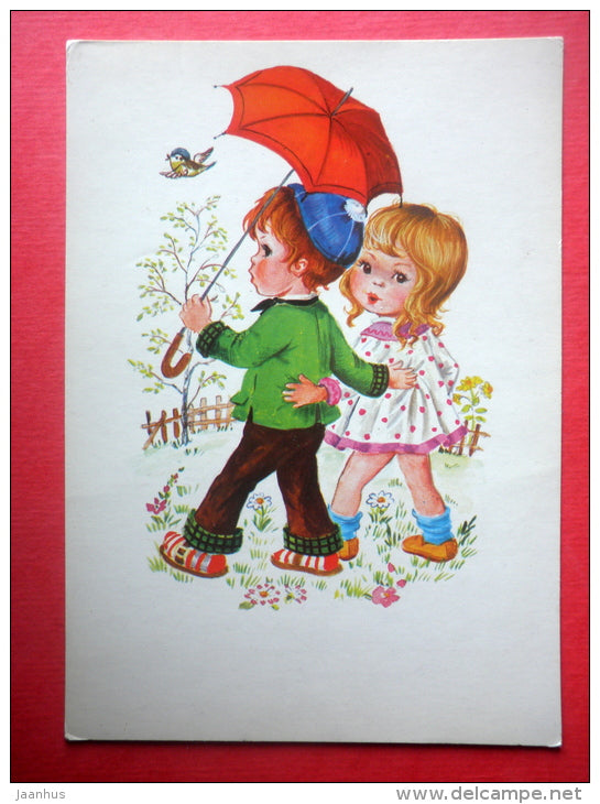 illustration - boy and girl - umbrella - bird - Germany - circulated in Finland - JH Postcards