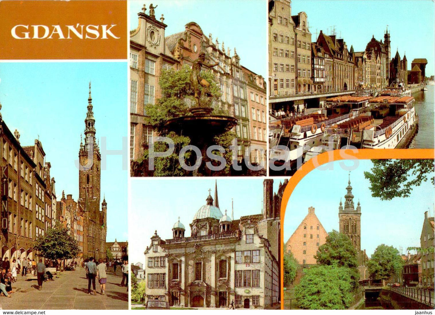 Gdansk - Ulica Dluga - Ratusz Glownego Miasta - Fontanna Neptuna - Kaplica Krolewska - ship  multiview - Poland - unused - JH Postcards