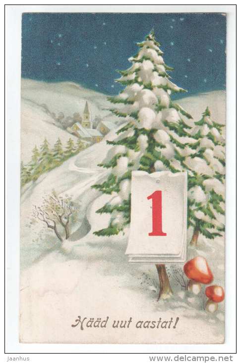 New Year Greeting Card - church - fir tree - mushrooms - decoration - old postcard - circulated in Estonia 1929 - used - JH Postcards