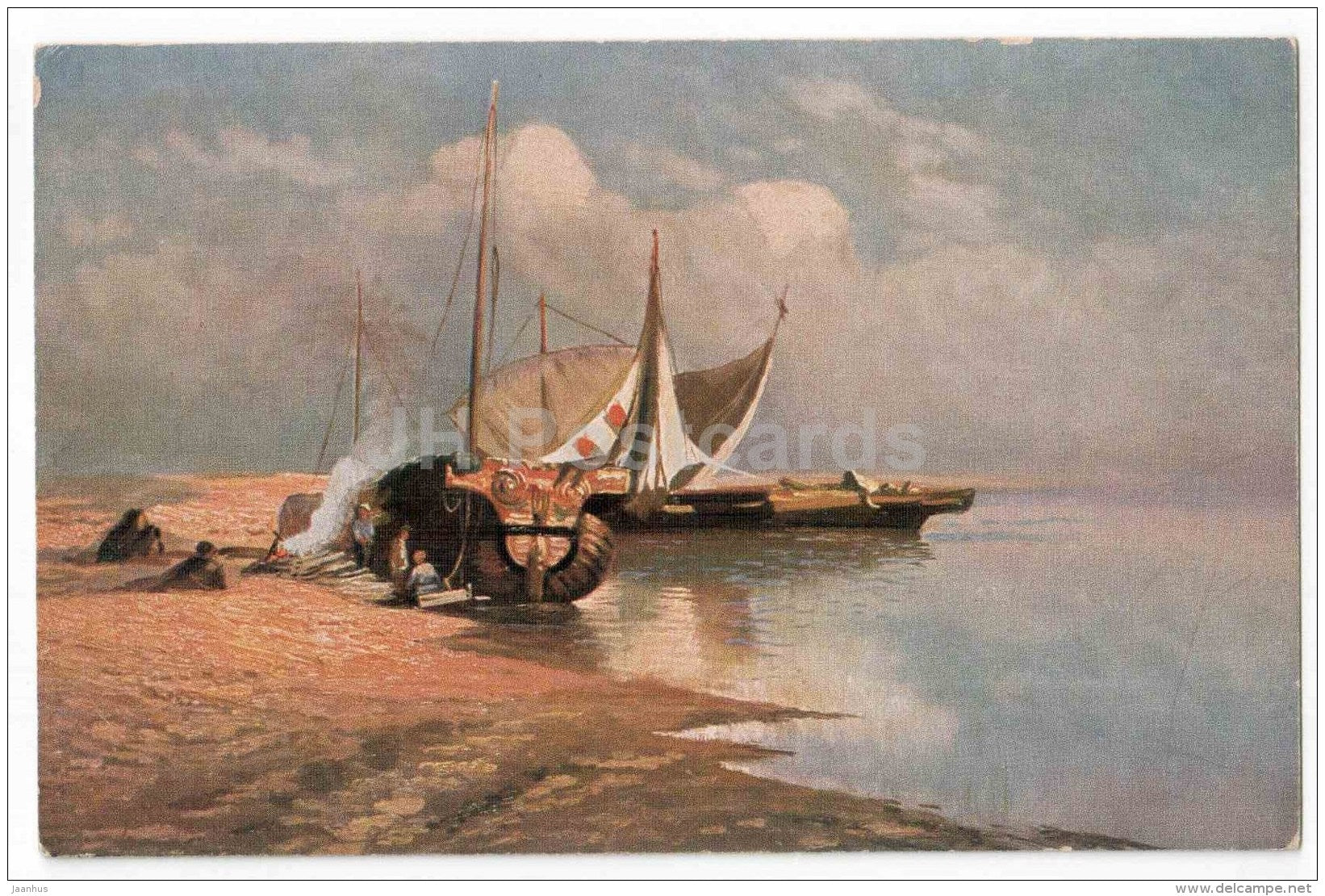 paimting by F. Vasilyev - view at the Volga river - sailing boat - Russia - Russian art - used in 1931 Estonia - JH Postcards