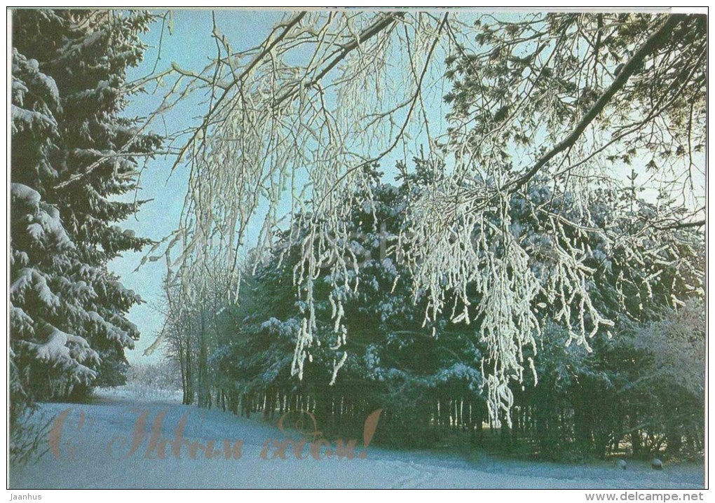 New Year Greeting Card - winter forest - fir trees - 1989 - Russia USSR - unused - JH Postcards