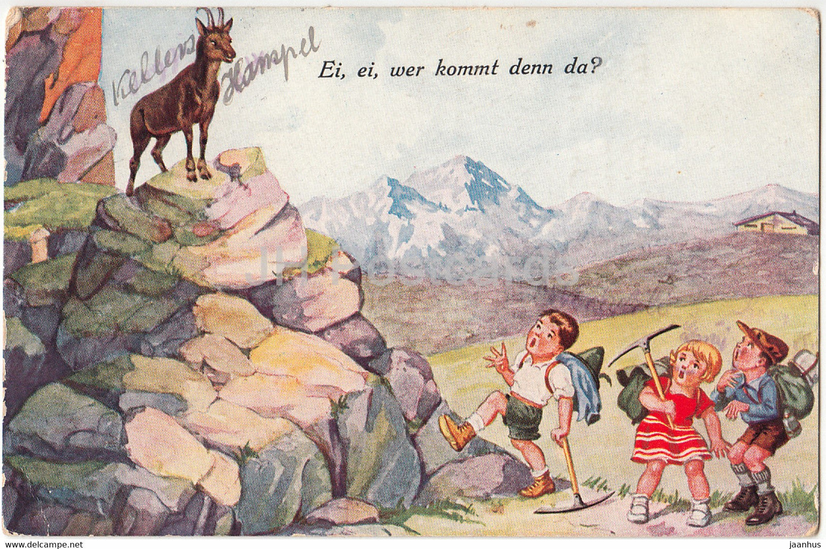 Ei ei wer kommt denn da - children - hiking - illustration - WSSB Serie 8099 -  old postcard - Germany - used - JH Postcards