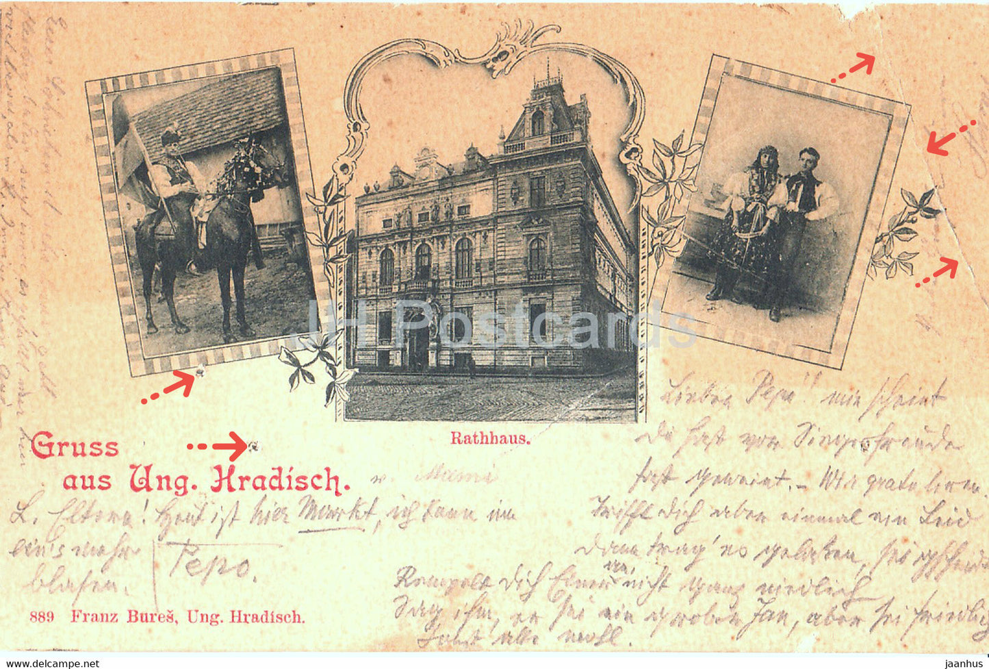 Gruss aus Ung Hradisch - Uherske Hradiste - Rathhaus - folk costume - old postcard - 1898  - Czech Republic - used - JH Postcards