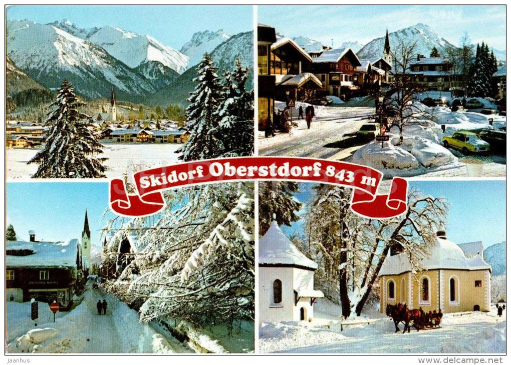 Skidorf Oberstdorf 843 m - kirche - church - horse sledge - ski resort - 2000 gelaufen - JH Postcards